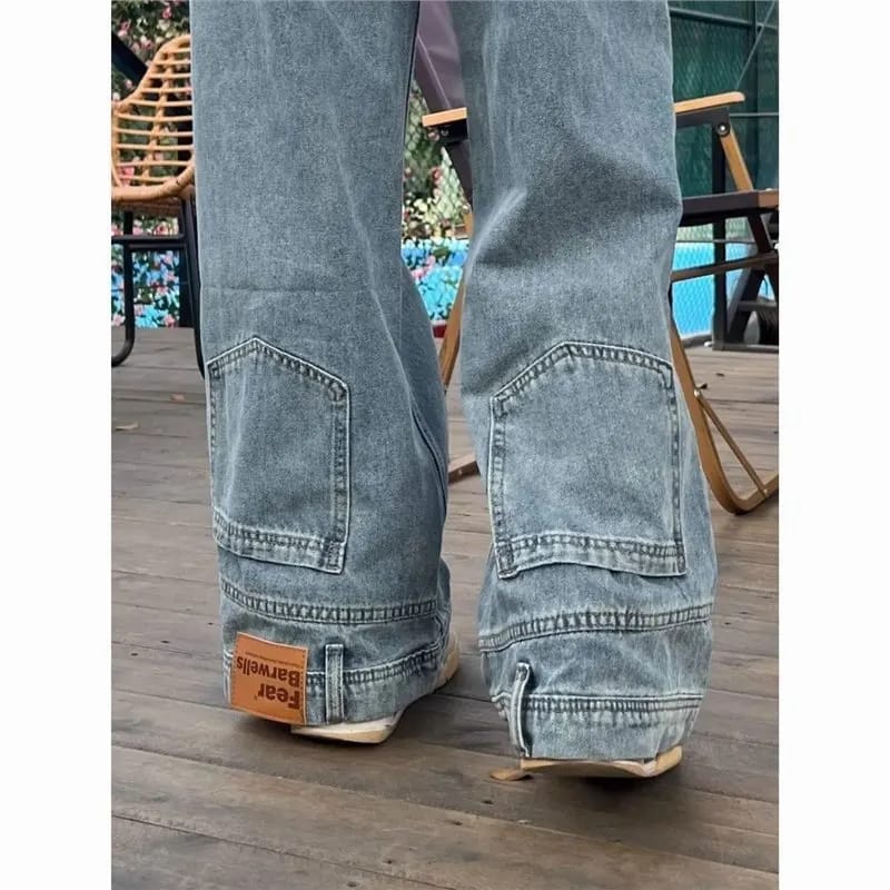 Pantalón jeans mujer tiro alto, corte recto holgado, pierna ancha, estilo retro urbano americano. - 928
